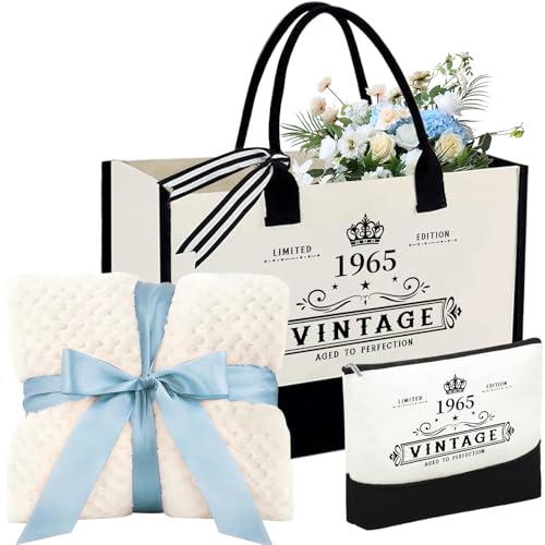 60th Birthday Gifts for Women Her- 3 pcs, Turning 60 Year Old Gifts, Birthday Decorations Canvas Beach Tote Bag & Flannel Blanket, Unique Happy 60th Present for Her Mom Wife Friends