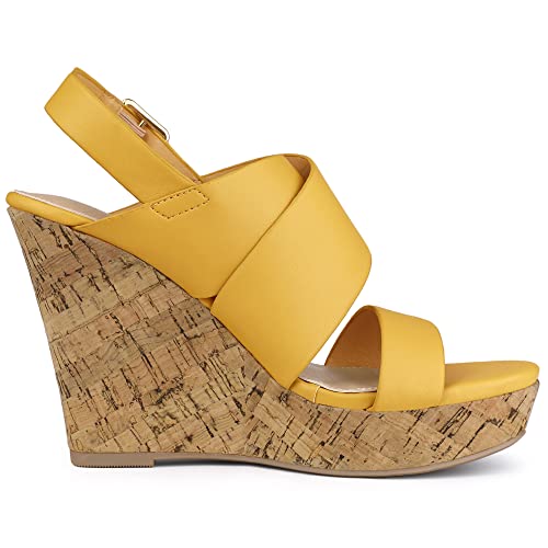 Allegra K Allegra K Women's Wood Strappy Platform Wedge Yellow Sandals 8 M US