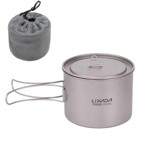 Lixada Titanium Pot Cup, 900ML Ultralight Portable Cup Appeso pentola con Coperchio e Manico Pieghevole per Esterni Campeggio, Cup