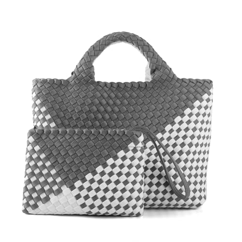 Image of Woven Bag for Women, Neoprene Tote Bag Summer Beach Handbag Purse Retro Handmade Travel Shoulder Bag Set
