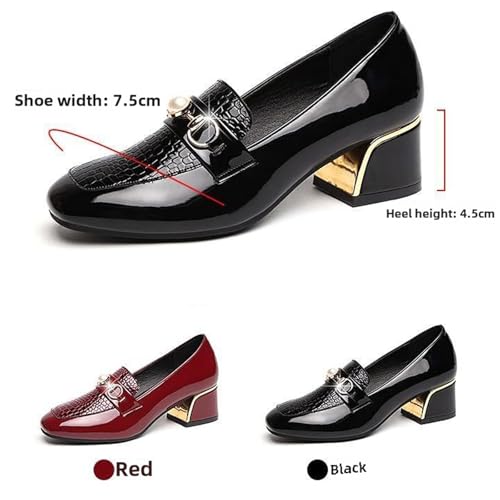 Stylish Women's Patent Leather Print Chunky High Heels Loafers Comfort Round Toe Pearl Metal Buckle Decoration Slip On Dress Shoes for Office Party Walking Formal3