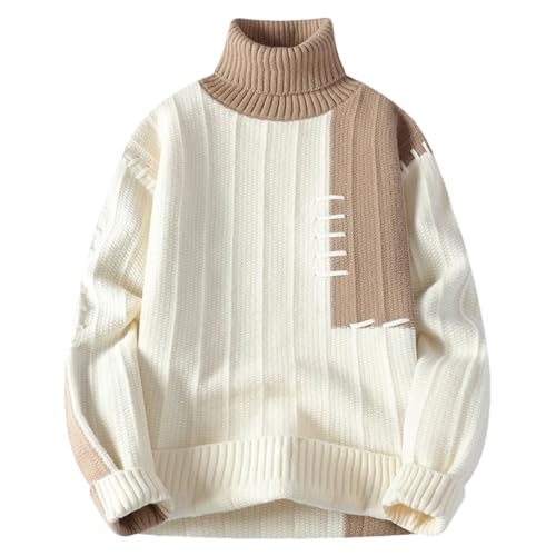 Men’S Turtleneck Long Sleeve Sweater Patchwork Warm Loose Youthful Vitality Knitted Casual Pullover Sweater