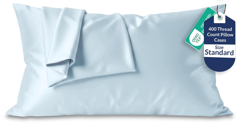 Image of Royale Linens 400 Thread Count 100% American Grown Cotton Standard Pillowcase Set - Luxury Sateen Standard Pillow case - 20 inchx26 inch Inch - Soft & Smooth Set of 2 Blue Pillowcases - (Std, Caribbean Blue)