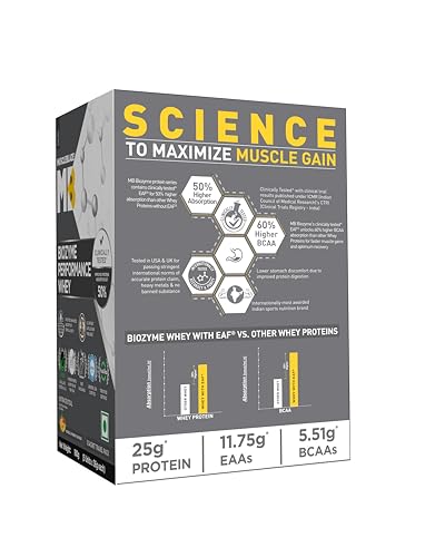Image of MuscleBlaze Biozyme Performance Whey Protein Powder, 5 Sachet Travel Pack, Magical Mango, 180g (5x36g) | 25g Protein Per Sachet | Clinically Tested 50% Higher Protein Absorption
