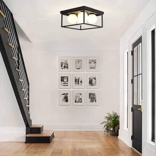 Image of Flush Mount Ceiling Light, 12.6 inch Close to Ceiling Light Fixtures with Globe Glass Shade, 4-Light Black Ceiling Light Fixture for Bedroom Kitchen Hallway Living Room Dining Room Entryway