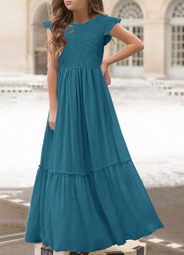 Image of MITILLY Girls Lace Flower Wedding Guest Long Maxi Dress for 6-12 Years | Girls Boho Dress, Girls' Special Occasion Dresses, Wedding Party, Size 6-12 Years, Ruffle Sleeve, A Line, With Pockets