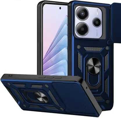 Image of SPAZY CASE Redmi Note 14 SE 5G Back Cover | Heavy Duty Hybrid Case with 360 Degree Rotating Finger Ring Holder + Slider Shutter Camera Protection Case for Redmi Note 14 SE 5G - Blue