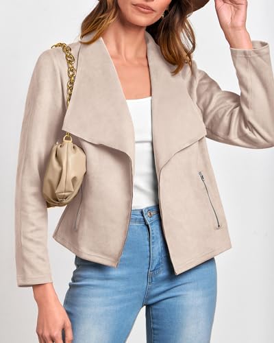 KIRUNDO Women\'s Faux Leather Suede Jacket 2023 Fall Fashion Light Long Sleeve Cropped Jacket Coats With Pockets(Beige Apricot, Small) - Thumbnail 5