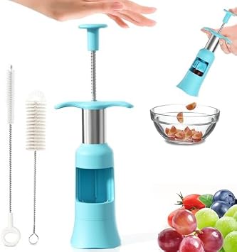 Grape Cutter Slicer Grape Slicer with 2 Straw Brushes Cuts Grape & Tomato & Blueberry into 4 Pieces Fruit Cutter with 2 Types of Slicing for Salad, Pasta (Blue)