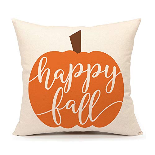 4TH Emotion Happy Fall Pumpkin Halloween Throw Pillow Cover Farmhouse Autumn Cushion Case for Sofa Couch 18x18 Inches Linen