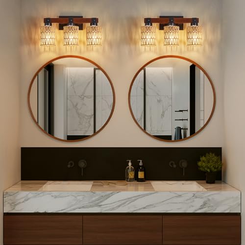 Image of 3 Light Bathroom Vanity Light Fixtures, Rustic Style Farmhouse Wood Bathroom Wall Sconce, Handmade Bamboo Woven Boho Wicker Basket Lamp Shade,Suitable for Bedroom, Hallway, and Living Room