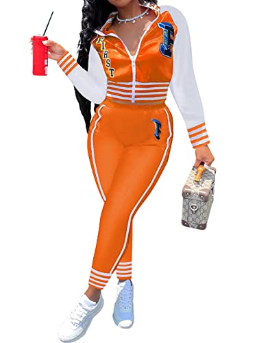 Chicyes Women's Two Piece Outfits Tracksuits Long Sleeve Zipper Jacket And Pants Jogger Set Sweatsuit Orange #TOP27