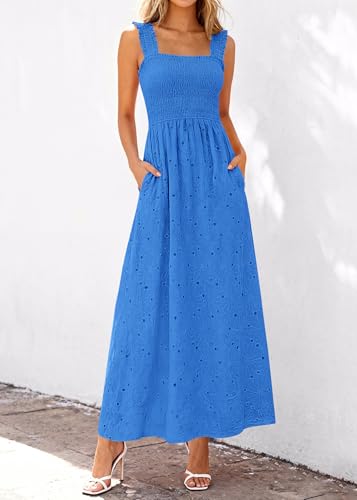 Image of KIRUNDO Summer Lace Dress for Women Eyelet Maxi Sundress | Boho Sleeveless Cotton Flowy Long Dresses, Wedding Guest, Beach Vacation, Baby Shower Guest Dress, Smocked Bust, With Pockets