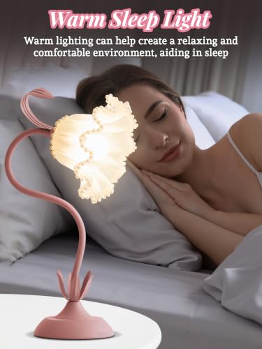 Image of Flower Table Lamp Bedside Lamps LED Reading Light,3 Color Modes Cute Small Lamp,Vintage Flower Lamp Kawaii Table Lamp for Bedroom Living Room Office Dorm Desk Home Decor (Pearl Pink lamp)