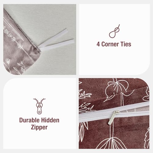 Image of Lekesky Floral Duvet Cover King Size, Burgundy Duvet Cover King Plant Flowers Pattern Bedding Set for All Season, Soft Breathable Duvet Cover with Zipper Closure & Corner Ties