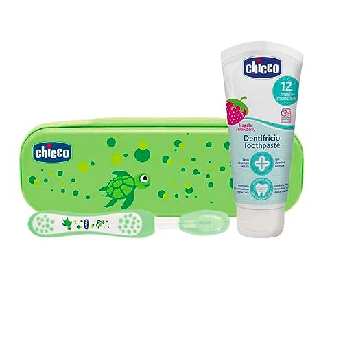 Chicco Set de Cepillo con Pasta de Dientes Bebés y Niños, Estuche Juego Dental Higiene Oral, Cerdas Suaves, Delicado para Encías y Dientes–Cepillo de Dientes para Bebés de 6-36 Meses, Verde Tortuga