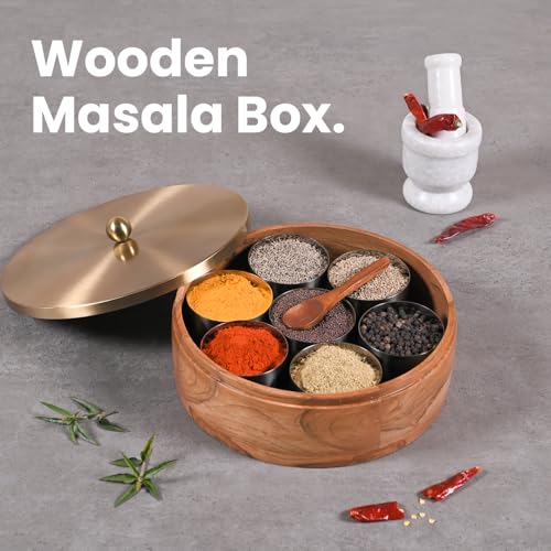 Image of Wooden Masala & Chapati Box Combo - Wooden Masala Box (7 Stainless Steel Jars + Spoon) & Wooden Chapati /Roti Box (Stainless Steel Brass Lid + Tong) - Gold (Plane)