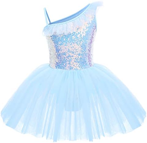 Toddler Kids Girls Sequins Ruffle One Shoulder Ballet Dance Dress Tutu Skirted Leotard Glitter Shiny Camisole Ballerina Dancewear Gymnastics Stage Performance Costume Blue 5-6 Years