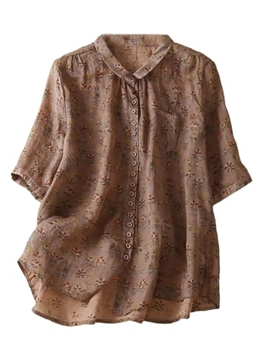 Disimlarl Women Casual Floral Print Shirts Loose Comfortable Half Sleeve Linen Cotton Shirt Coffee M