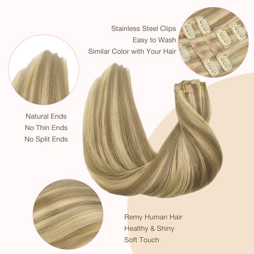 Image of GOO GOO Clip in Hair Extensions Real Human Hair, Remy Human Hair Extensions Clip ins for Women, Natural Human Hair, 24inch 120g 7Pcs, 16 /22 Light Blonde Highlighted Golden Blonde