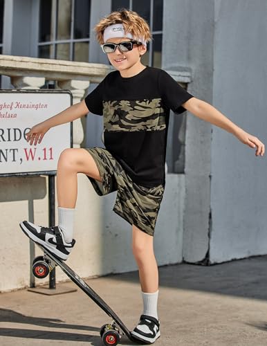 Image of Arshiner Boys' 2-Piece Cotton Outfit Color Block T-Shirt and Shorts Set Summer Camo Clothes for Kids 5-14 Years