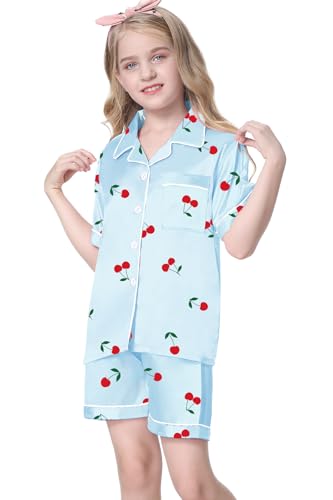 Image of Umeyda Women & Girls Pajamas Set, Soft Satin Lightweight Silk Button-Down Top with Shorts 2 Piece PJS for Mom Boys Kids Gifts