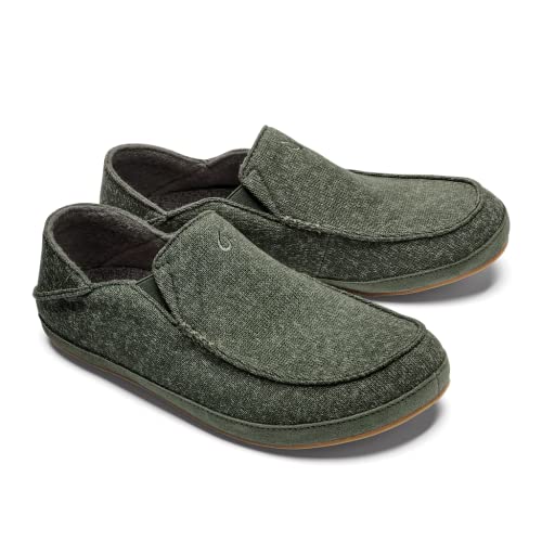 Olukai Moloa Hulu Men's Wool-Blend Slippers, Soft & Heathered Knit Slip On Shoes, Suede Leather Foxing, Drop-In Heel Design, Deep Olive/Dusty Olive, 8 #TOP4