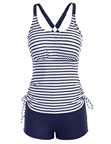 JASAMBAC Womens Casual Beach Bandeau Strappy Swimsuit Racerback Push Up Padded Stripe Bathing Suit Tankini Swim Tank Top Stripe Navy 2XL