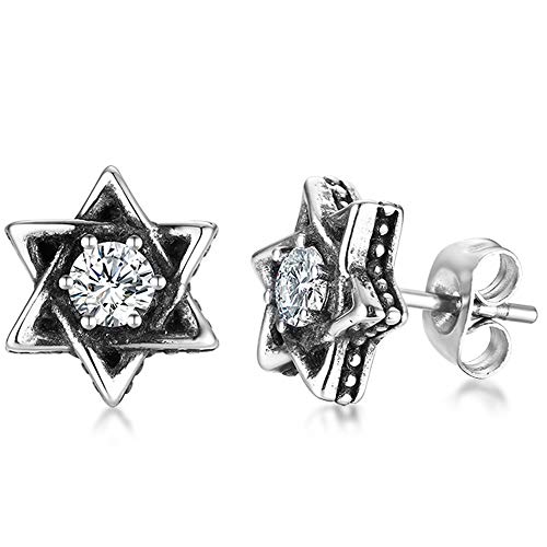 Retro Vintage Stainless Steel Star of David Cubic Zircon Stud Earrings