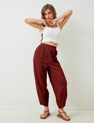 Image of Himosyber Women Cotton Pants Wide Leg Pants Casual Loose Baggy Elastic Waist Beach Palazzo Harem Pants