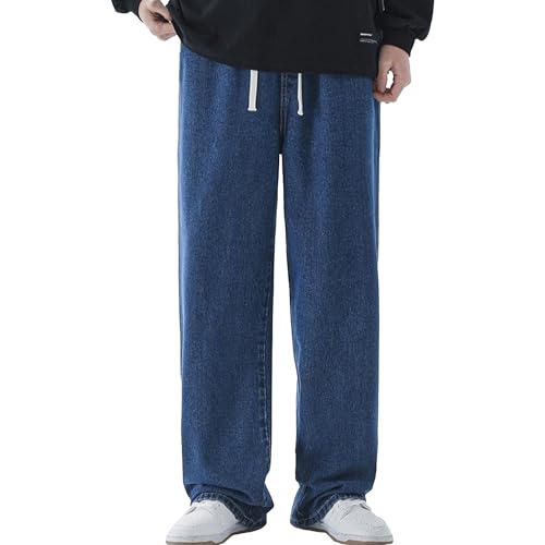 Men's Drawstring Elastic Waist Jean Regular Fit Lightweight Denim Pants Loose Straight with Pockets Men Jeans