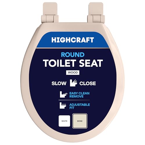 HIGHCRAFT Premium Round Toilet Seat with Slow-Close Design Adjustable Hinges & Quick Removal Mechanism - Molded Wood Toilet Seat - Fits Standard Round Toilets - Toilet Seat in Bone/Beige