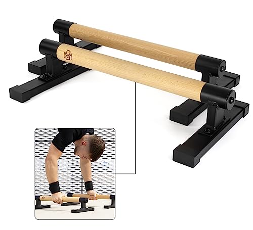 Müller & Blum Premium low Holz Parallettes inkl. Handgelenk Bandagen/nachhaltige & rutschfeste Calisthenics Dip Barren/Liegestütze oder Handstand Griffe/Push Up Bar für In- und Outdoor