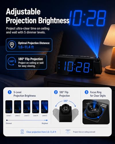 Projection Alarm Clock for Bedroom Ceiling, 180° Projector, Dual Alarm - Image 3