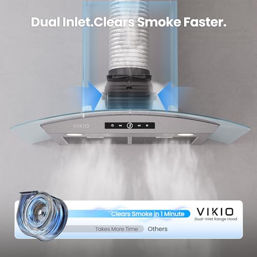 Image of VIKIO HOME 36 Inch Wall Mount Range Hood, 450 CFM Dual Inlet, Curved Glass Kitchen Vent Hood, Ducted /Ductless Convertible, 3-Speed Touch Control, LED Lights, Stainless Steel