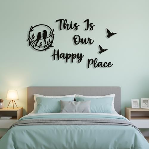 Image of This is Our Happy Place Wall Art Sticker with Birds & Quote | Romantic Couple Wall Decor for Bedroom, Living Room | Golden Acrylic Wall Decoration