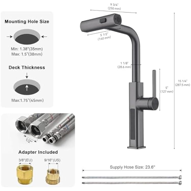 Lefton Pull-Out Waterfall Kitchen Faucet with Temperature Display, Two Water Outlet Modes, Single Hole, Grey, KF2209-2
