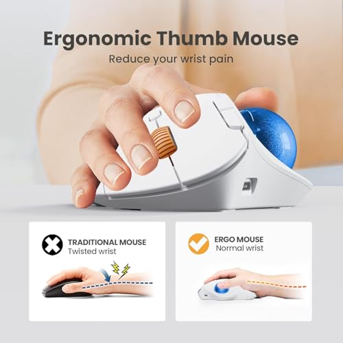Image of ProtoArc Wireless Trackball Mouse, EM04 Ergonomic Bluetooth Rollerball Mouse Rechargeable Computer Laptop Mouse Thumb Control Mice, Compatible with PC, iPad, Mac, Windows-White Mouse Navy Ball