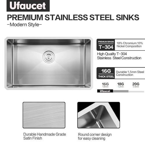 Image of 28 Inch Undermount Kitchen Sink, 28 x 18 Stainless Steel 16 Gauge 9 Inch Deep Single Bowl Basin Commercial Outdoor Kitchen Sink with Strainer