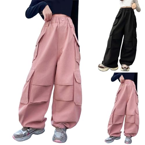 Girls Jeans Elastic Waist Wide Leg Pants Kids Jeans Vintage Multi-Pocket Cargo Pants Solid Color Streetwear