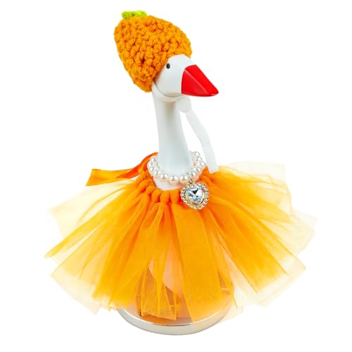 Mizlay 7 Inch Desk Goose Outfit, Mini Desktop Goose Thanksgiving Orange Tutu Dress with Orange Knit Hat & Pearl-Diamond Necklace for Desktop Porch Goose Decor, Festive Desk Goose Outfits