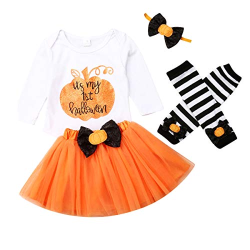 Newborn Baby Girls Christmas Outfits Long Sleeve Romper Letter Tops Tutu Skirt Dress Bowknot Headband Fall Winter Clothes (Halloween-White#2, 6-12 Months)