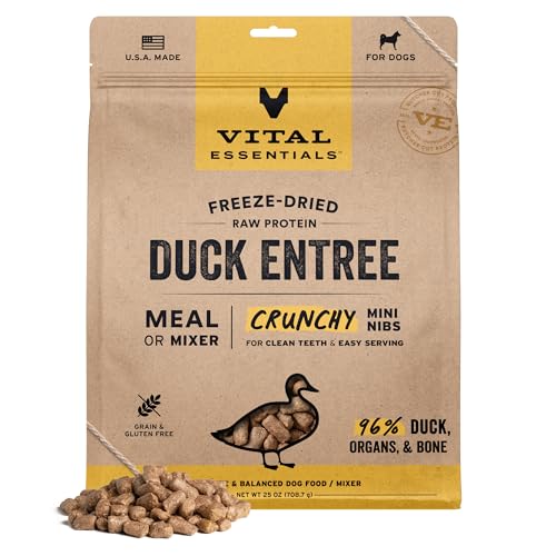 Image of Vital Essentials Freeze Dried Dog Food, Duck Mini Nibs, 25 oz Bag | Crunchy, Complete Meal or Topper, Made With 96% Duck, Organs & Bone, High Protein Raw Nutrition, Grain-Free Recipe