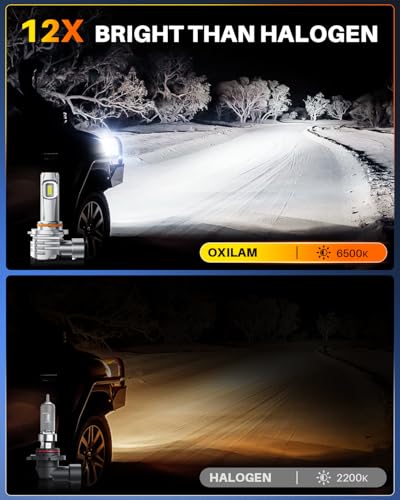 Image of OXILAM 9006 LED Light Bulb, 12X Brighter 6500K Cool White, Anti-Flicker, 60,000Hrs Lifespan, Plug and Play, IP68, HB4 LED Light Compatible with Cars Trucks SUVs, Pack of 2