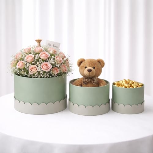 Image of Oasis Pack of 3 Premium Round Gift & Flower Hamper Boxes With Scalloped Lid | Classic Bouquet Box for Flower Arrangements & Gift Hampers | Decorative Gift Packaging Box With Waterproof Liner - Baby Blue & Grey