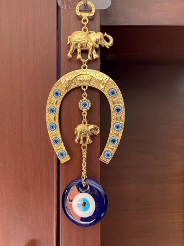 Image of BLUE BEADS Turkish Feng Shui Vastu Blue Glass Evil Eye Hanging /Door Hanging Nazar Batu for Protection and Good Luck - Perfect for Gifting Home or Office (GHODE NI NAL - Gold)