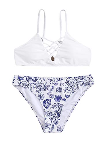 SweatyRocks Women's Bathing Suit Adjustable Spaghetti Strap Floral Print Criss Cross Bikini Set
