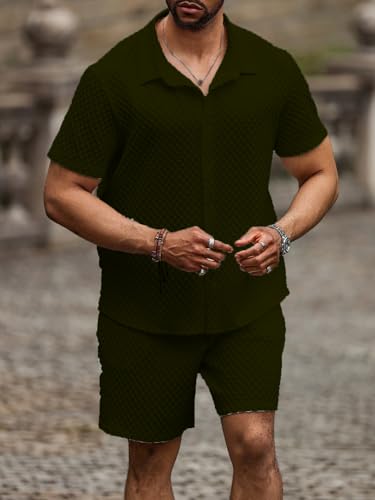 Image of Zilcon Men's 2 Piece Outfit Casual Short Sleeve Button Down Shirt Beach Summer Loose Pant Sets