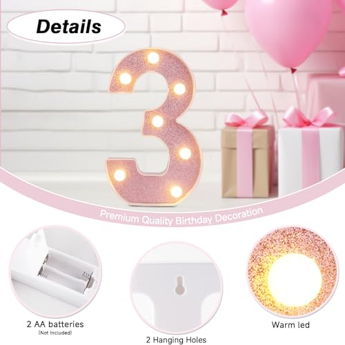 Image of LED Marquee Numbers, Small Light Up Numbers for Party, 8.58 Inch Battery Powered Lighted Number for Birthday, Night Light, Table or Home Decor (Pink Glitter, Number 3)