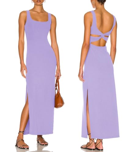 Image of ALENDA DANMOS Women Backless Maxi Dress High Sides Slit Bodycon Tank Dress Twist Low Back Casual Sundress 122